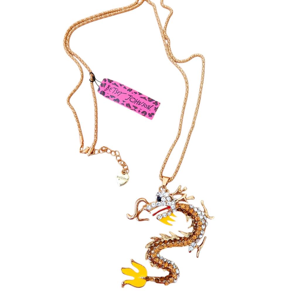 BETSEY JOHNSON bling statement chain goldtone Dragon amber crystal necklace NEW